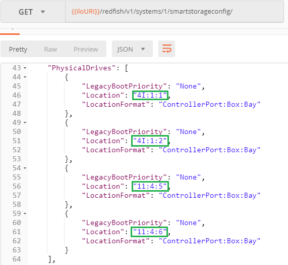 Physical Drives seen from the SmartStorageConfig location Physical Drives seen from the SmartStorageConfig location