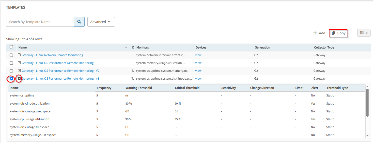 Metrics and thresholds of the monitoring template