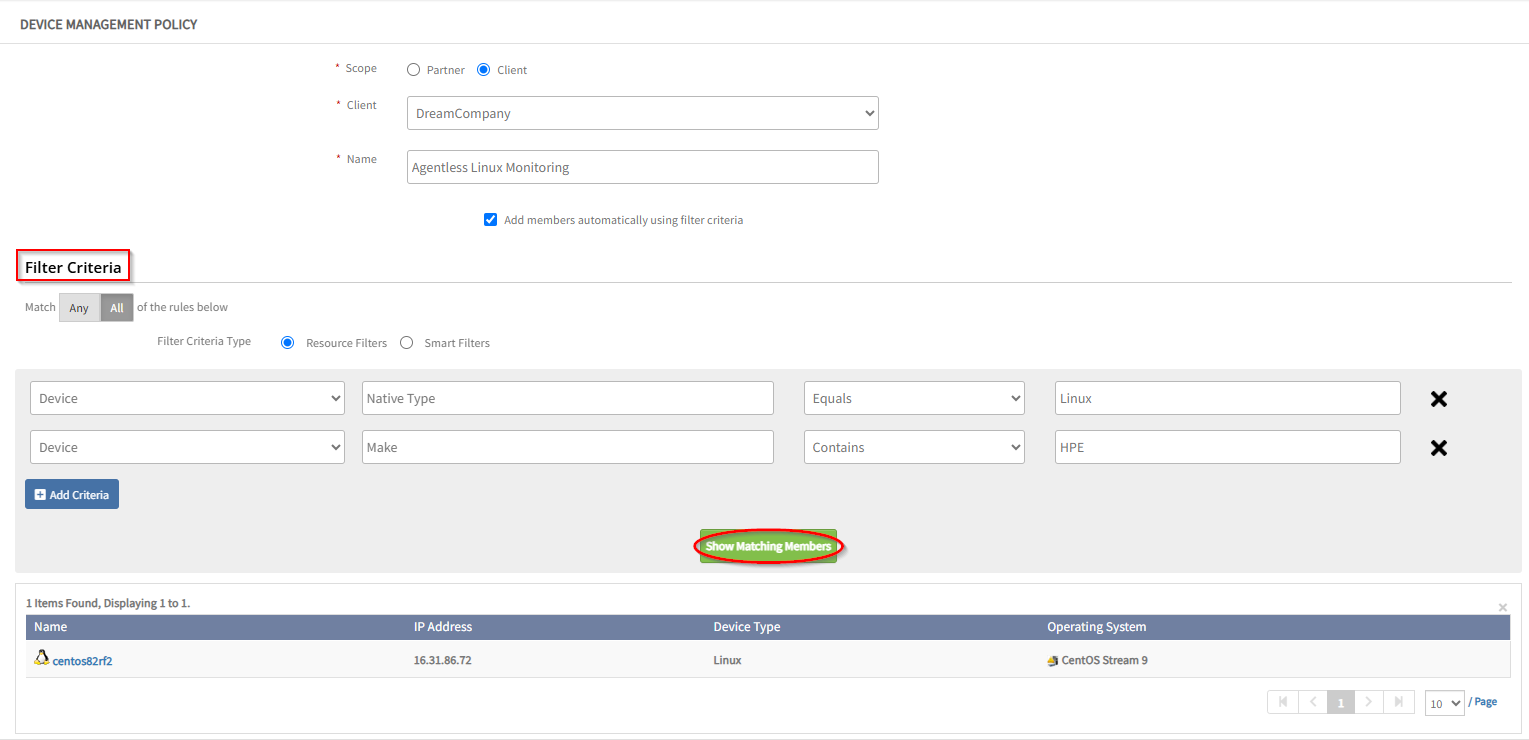 Filter criteria for the device management policy