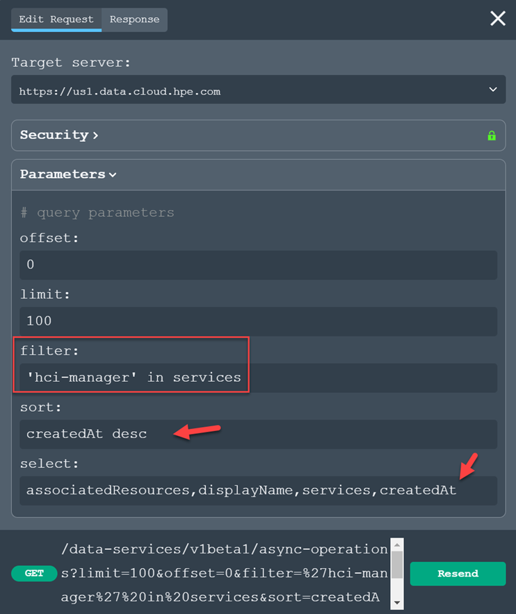 Execution of async-services using filter, sort, and select parameters