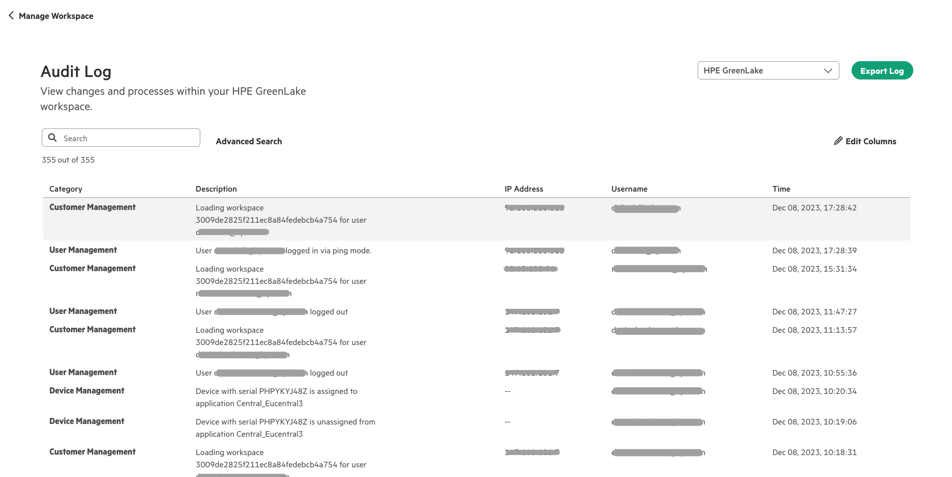Figure 2: Audit log in HPE GreenLake cloud console