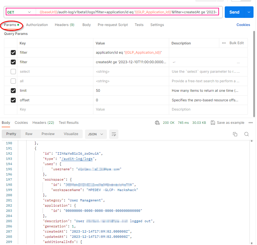 Figure 1: Audit logs for the HPE GreenLake platform in the workspace