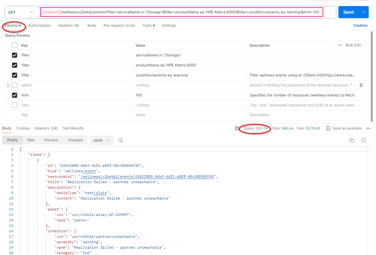 Figure 3: Retrieve list of health events for a specific service, device model and severity