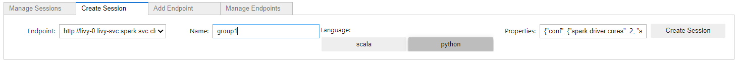 This screenshot show the ability to create a spark session from the Unified Analytics user interface. 