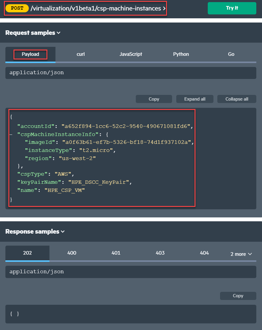 display csp-machine-instances with the required Payload to POST