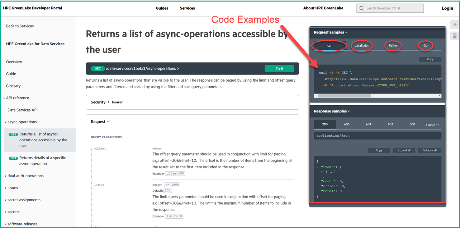 Code snippets in multiple languages including JavaScript, Python, GO, and cURL