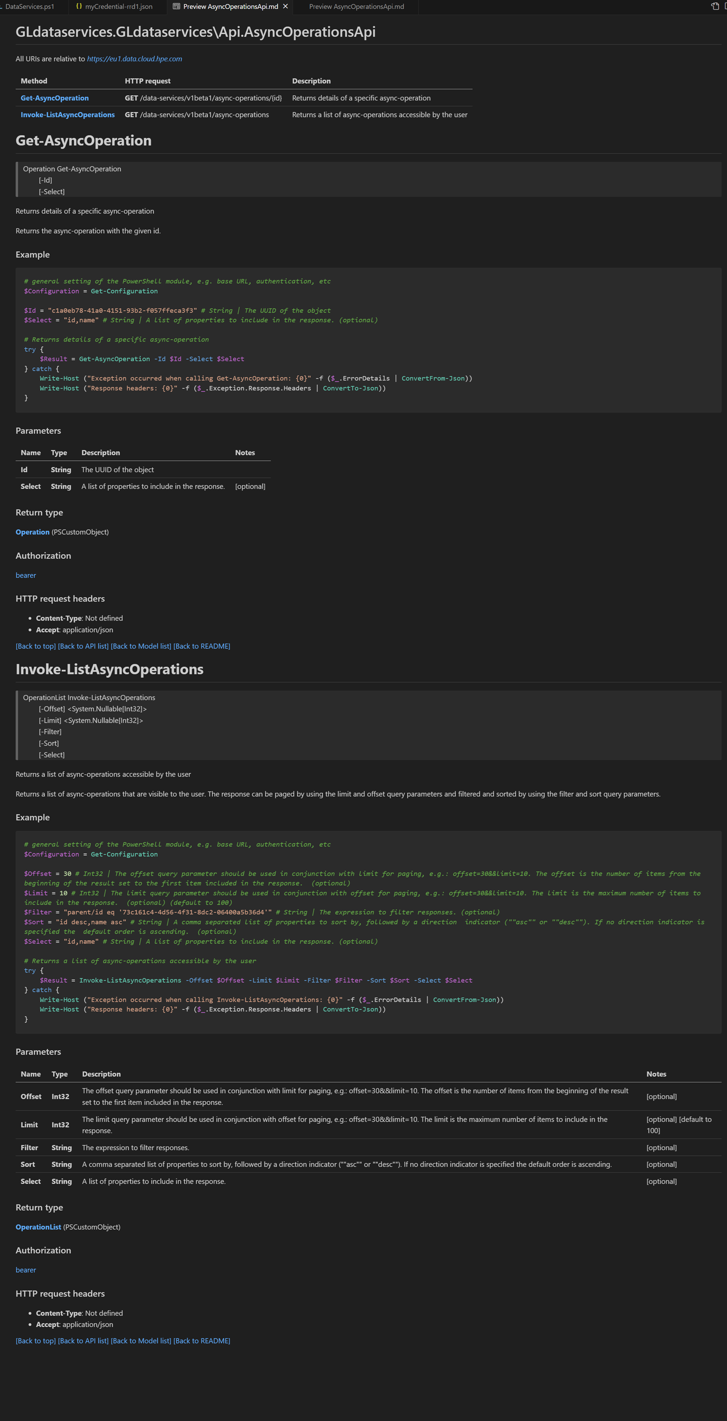 HPE GreenLake Data Services list of async operations