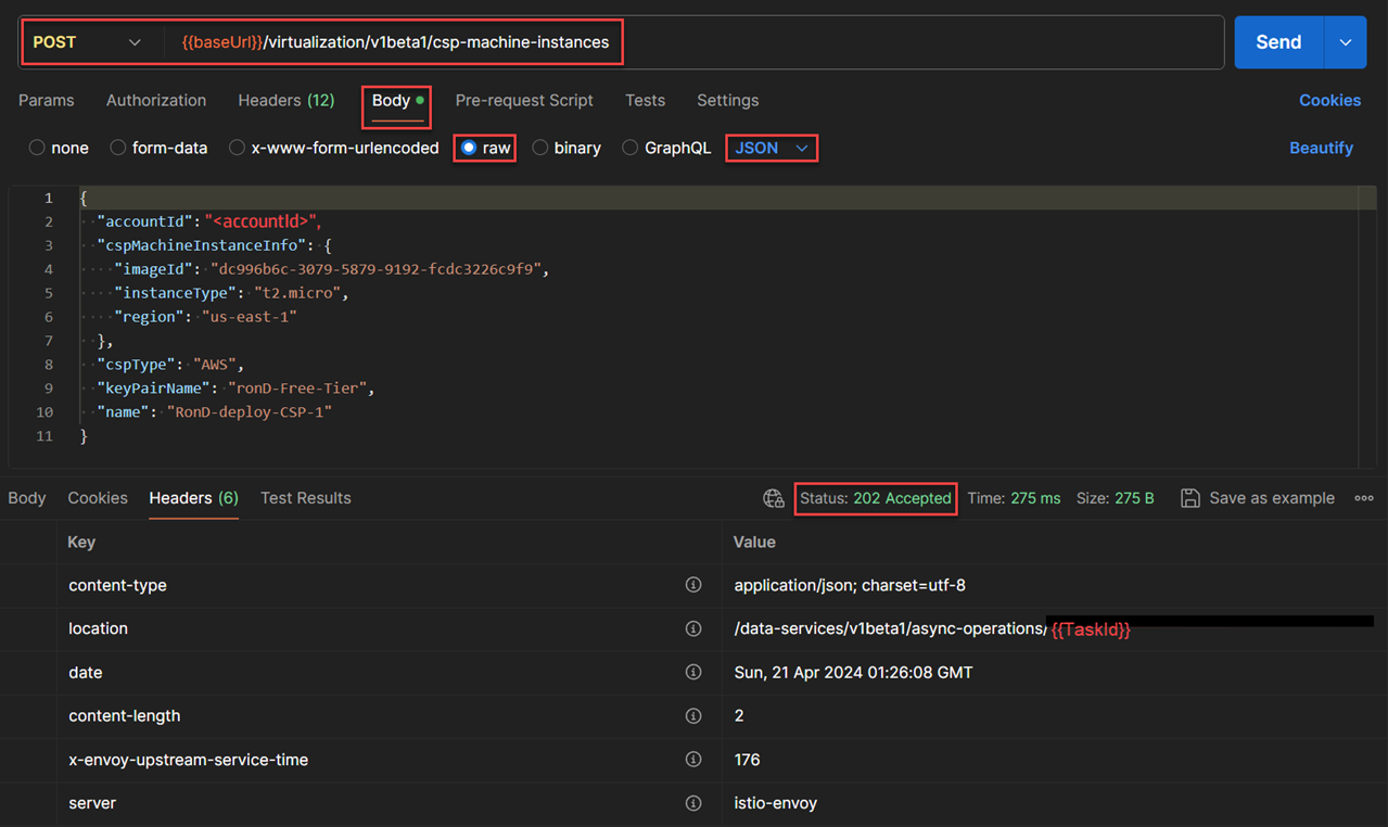 Deploy a machine instance based on the payload POST