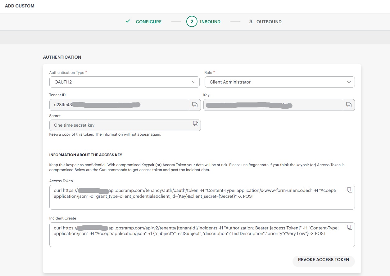 A screenshot of the HPE OpsRamp custom integration configuration page.