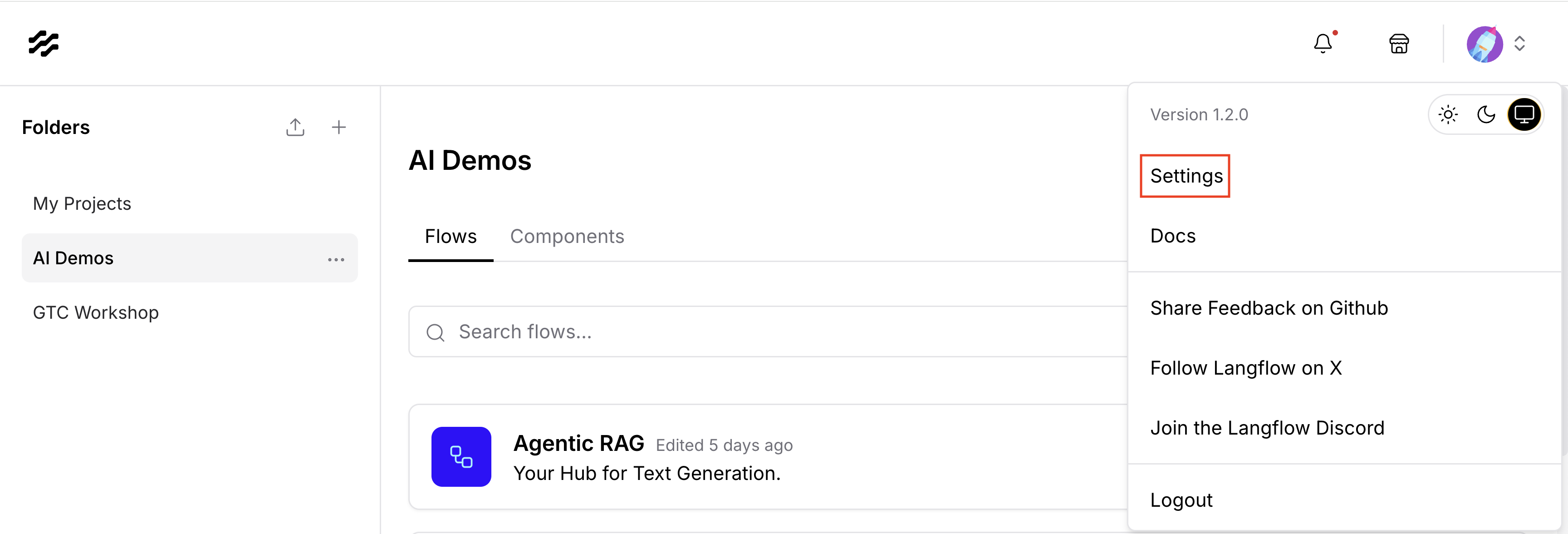 Settings in Langflow