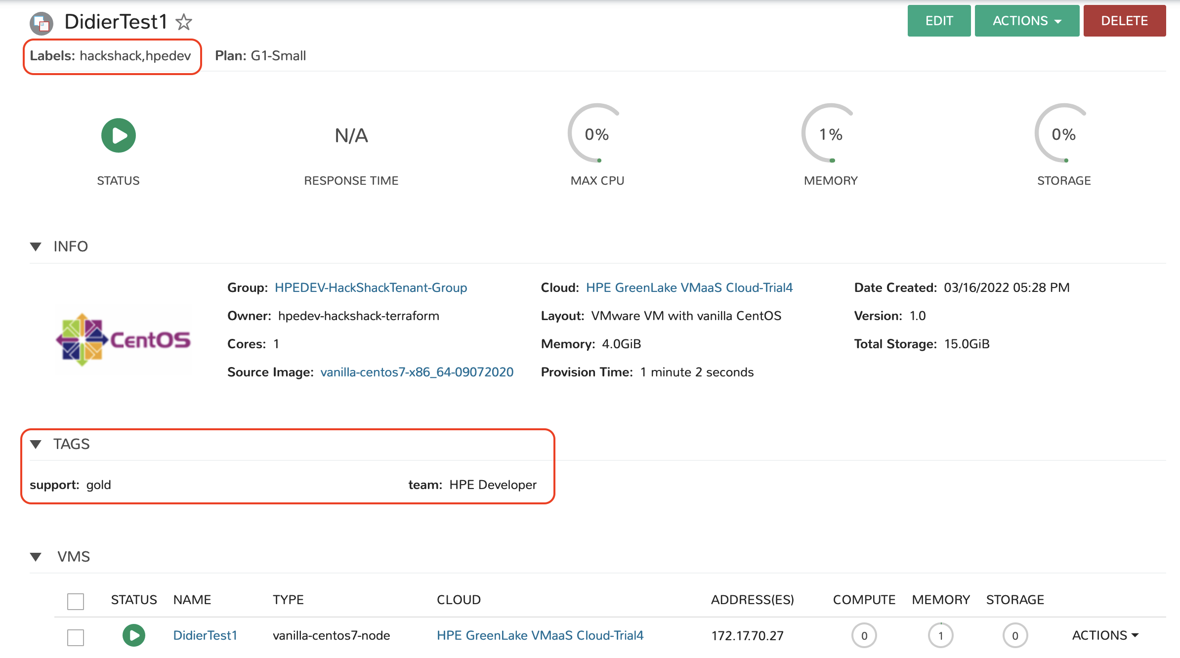 tags and labels applied to VM