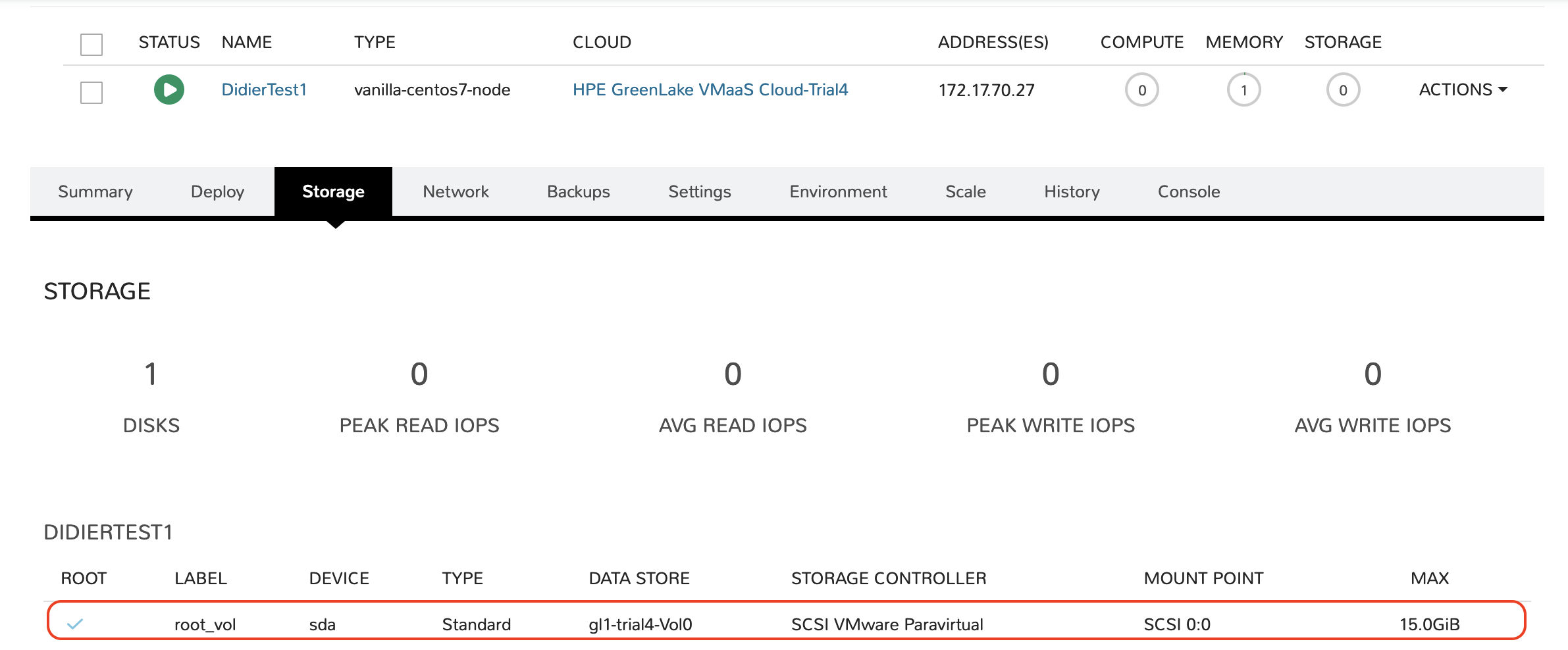 VM was created with one disk: root_vol